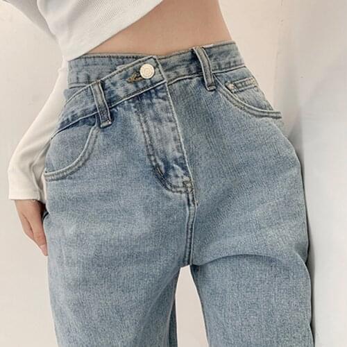Vintage Jeans Lady 90s Women Straight Leg Jeans Asymmetrical Waist Loose High Waist Jeans Fashion Casual Women Summer Denim Pant