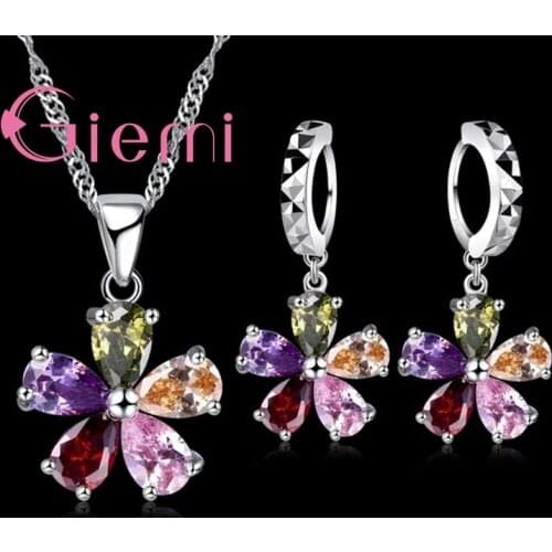 Big promotion Five Petaled Flowers Shinning Colorful CZ Crystal Pendant Jewelry Sets Gift 925 Sterling Silver Necklace Earrings