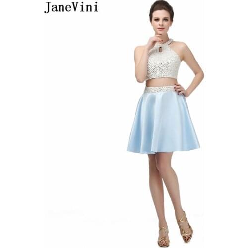JaneVini Elegant A Line Short Bridesmaid Dresses for Women Satin O-Neck Pearls Backless Plus Size Two Piece Prom Dress Damigelle