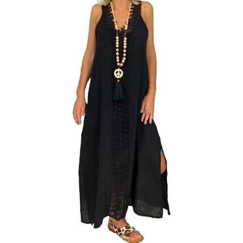 Women Summer Maxi Dress Loose Waist Lace V Neck Patchwork Sleeveless Split Beach Dresses Vestidos