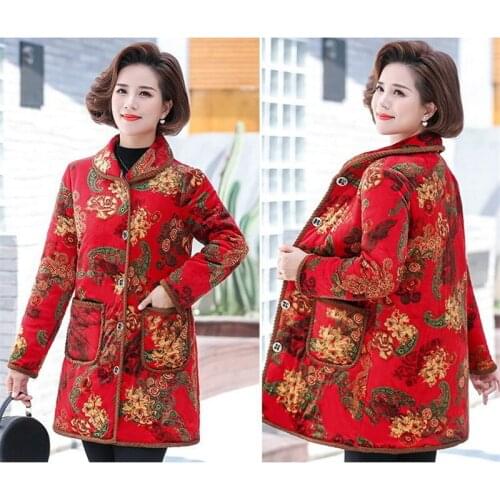 Mom Winter Coat Plus Velvet Thick Mid-Length Coat Middle-Aged Elderly Grandma Wear Warm Cotton-Padded Jacket For The Elderly