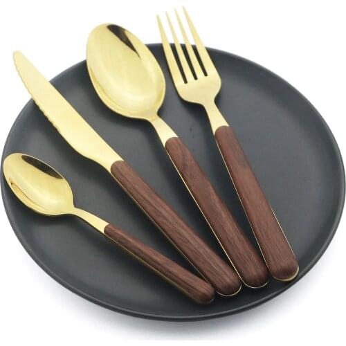 4/5Pcs Wooden Handle Dinnerware Knife Cake Fork Tea Spoon Silverware Stainless Steel Cutlery Set Party Glossy Food Tableware Set
