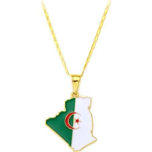 Algeria Flag Pendant Necklace Gold Chain Long Necklace Copper Necklace Women with Oil Painting Jewlery Necklaces