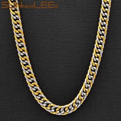 SUNNERLEES Jewelry Stainless Steel Necklace 7mm Double Curb Cuban Link Chain Silver Color Gold Plated Men Women Gift SC911 N