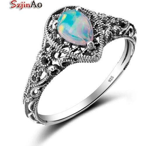 Szjinao Vintage 100% 925 Sterling Silver 2.2ct Water Drop Opal Rings For Women Wedding Engagement Promise Handmade Fine Jewelry