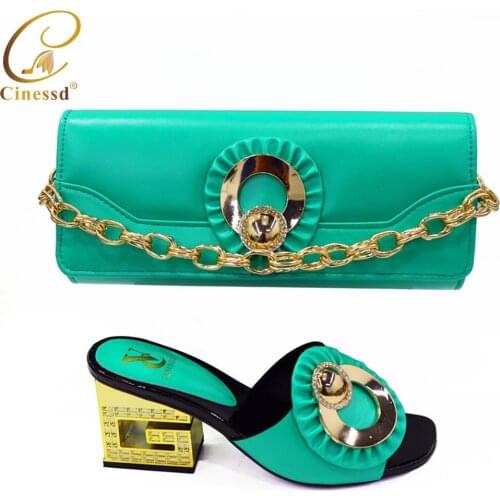 Latest Wedding African Party Italian Shoes with Matching Bags for Wedding in Green Shoe and Bag Set with Shinning Crystal