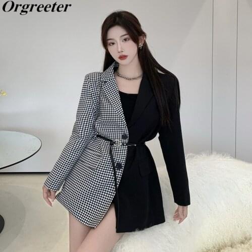Houndstooth Patchwork Suit Womens Jacket Jaqueta Feminina Autumn New Korean Elegant OL Long Sleeve Slim Wild Outwear Tops