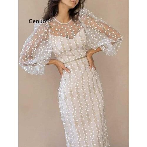 Lace Womens Party Dress 2021 Elegant Long Sleeves O-Neck Dresses for Women Summer Mesh Formal Mid Dress Girls