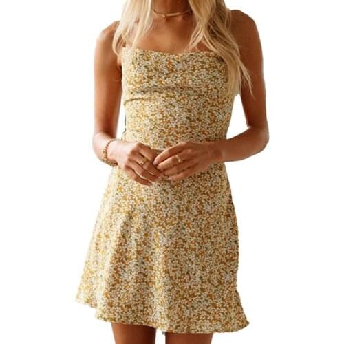 Summer dress Women Sexy Dress Marguerite Floral Print Backless Cross Bandage Mini Sling Dress for Party robe femme summer dress