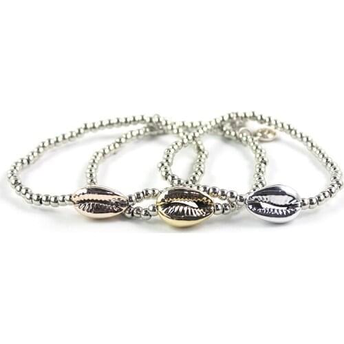 Cute Rose Gold Silver Color Bohemian Shell Bracelet with Smile Face Charm CCB Round Beads Beach Jewelry for Women Bijoux