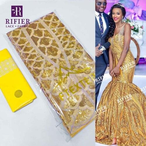 Gold Net Mesh Lace Fashionable Korea Sequined Net Tulle Laces Fabric Modern Wedding Women Dresses Bazin Riche Lace Fabric