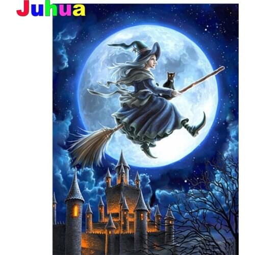 Cartoon moon witch castle 5d diy diamond painting mosaic stitch full drill diamond embroidery Halloween gift kids room decor