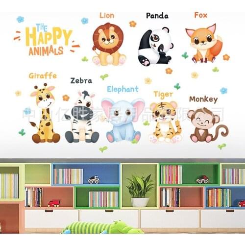 Happy Animals Kindergarten Cartoon English Early Education Wall Sticker Removes Stickers for kids Room Wardrobe Decoration