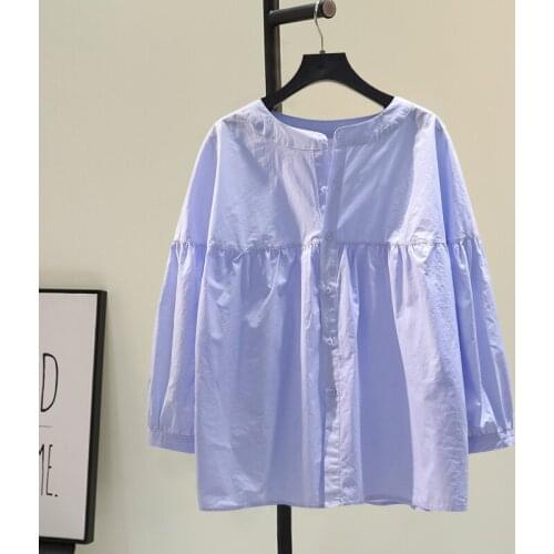 Solid Cotton Women Shirts Summer New 2021 Sweet Style O-Neck Long-Sleeved Loose Female Outwear Blouse Tops