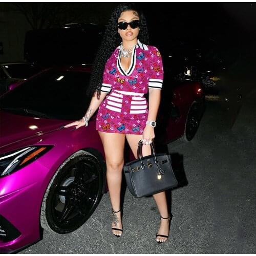 RMSFE 2021 Temperament Top Quality Fashion Butterfly Print Short Sleeve Lapel Deep V Clothes+ Tight Buttock Shorts 2 Piece Set