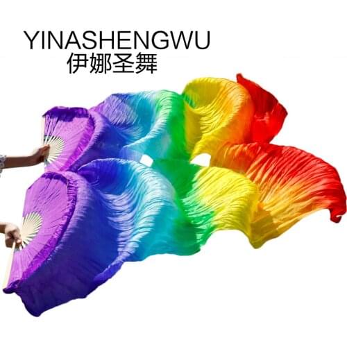 Silk Belly Dance Fans Handmade Bamboo Ribs Dance Props 1 Pc Left hand+1 Pc Right Hand Dancing Silk Fans rainbow Color