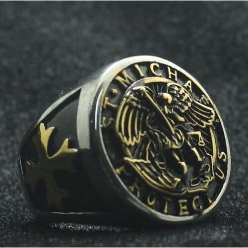 Unisex 316L Stainless Steel SAINT MICHAEL PROTECT US Archangel Ring