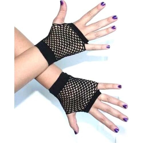 Unk Goth Women Summer Net Gloves Without Fingers Lady Disco Dance Costume Lace Fingerless Mesh Fishnet Gloves
