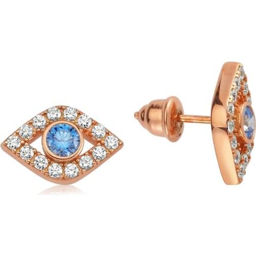 Valori Jewels Showy Evil Eye, Zirconia White And Fancy Blue Gemstone, Rose Gold Plated, Sterling Silver Earrings