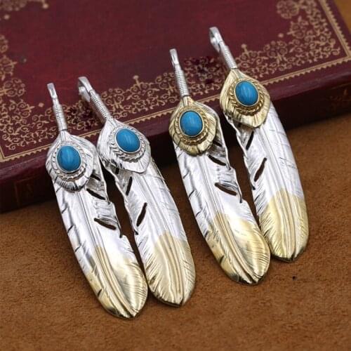 S925 Sterling Silver Jewelry Retro Thai Silver Mens and Womens Blue Turquoise Feather Pendant Sweater Pendant