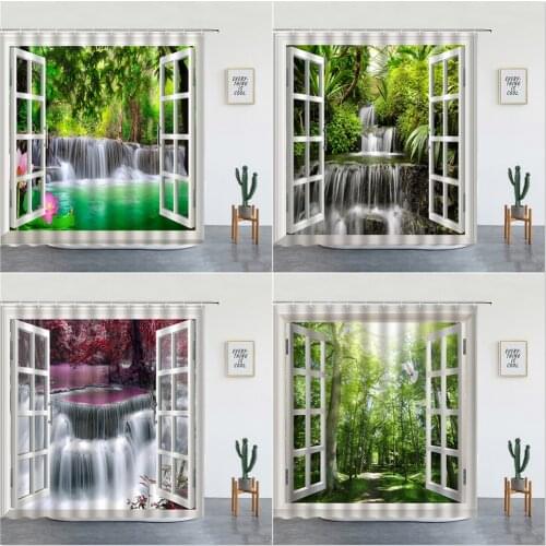 Waterfall Scenery Shower Curtains Spring Summer Landscape Flower Bird Waterproof Fabric Bathtub Screen Bathroom Decor With Hook