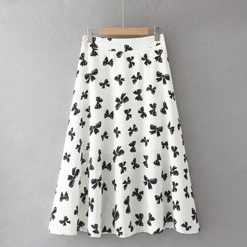 Plus Size XL-4XL Womens White Black Long Skirts Elastic Waist Cute Printed Oversized Pleated Skirts