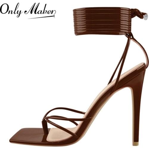 Onlymaker Womens Summer Square Toe Lace-Up Sandals Patent Leather Stiletto High Heels Ankle Cross Strap Flip Flops Fashion