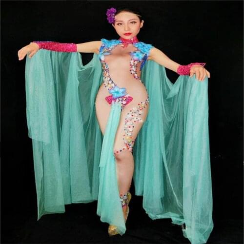 F101 Ballroom dance female costumes dj stage wears bodysuit sexy dresses Rhinestone outfit flower jumpsuit performance skirt ds