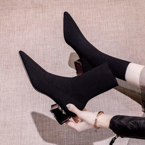 Comemore Thin Boots Womens High-heeled Pointed Mid-heeled Short Boots Autumn 2021 Spring Knitted Socks Thick Heel Socks Boots