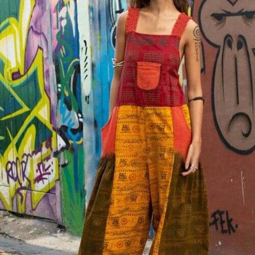 Jumpsuit Sleeveless Color Block Female Backless Wide Leg Retro Print Dungarees Overalls for Women Overall 2021 Summer