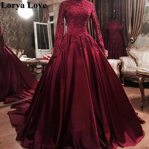 Burgundy Long Sleeves Muslim Evening Dresses 2020 Formal Party Robe De Soiree Appliques Lace Sequin Vestidos Red Long Prom Gowns
