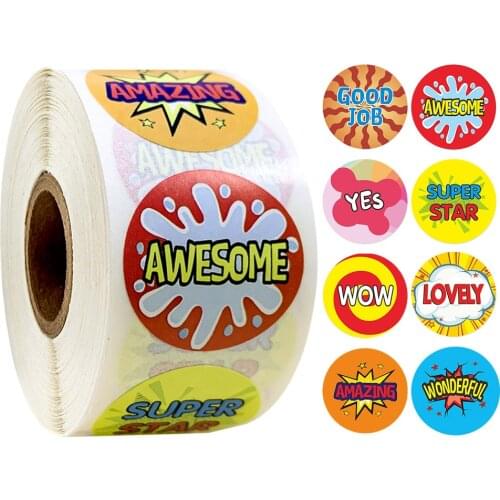 500Pcs/roll teacher reward motivational sticker for children in 8 designs 'WOW Good Job Lovely Awesome Wonderful' kids toy decor
