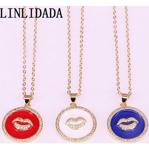 8Pcs Round shaped Mix Color Enamel With Cz Lip Charm Pendant Necklaces Cubic Zirconia Necklace For Women Girl