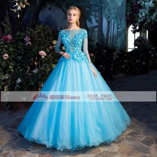 Long sleeve blue beading 3d flower ball gown medieval dress sissi princess Medieval Renaissance Gown Victorian Belle ball