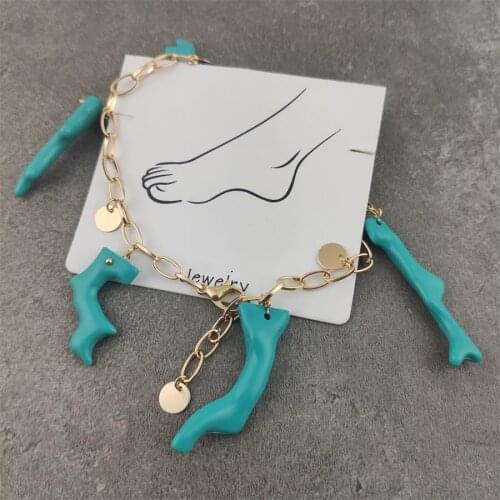 Bohemia Handmade Metal Coin Acrylic Coral Tassel Anklets Women Charm Foot Jewelry Insect Anklet Accessories