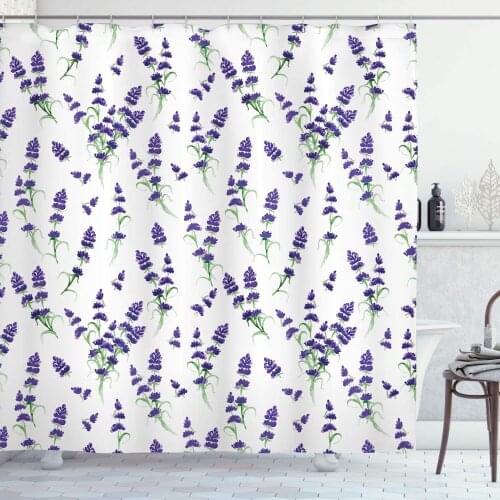 Flower Shower Curtain Watercolor Lavender Flowering Fragrant Pale Plant Essential Oil Extract Temperate Bathroom Decor Set