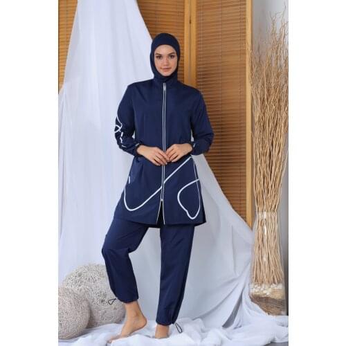 Women Long Sleeve Striped Pants Hijab Swimwear 20172 Navy Blue
