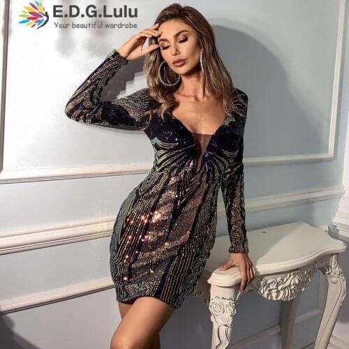 EDGLuLu Deep V-neck Long Sleeve Geometry Sequin Dress Vintage Elegant Bodycon Party Dress Female Robes Plus Size Vestido 0304