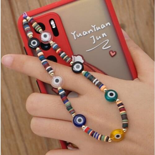 Greek Evil Eye Chain For Mobile Phone String Strap Phone Wrist Polymer Clay Lanyard 2021 Trendy Heishi Disc Beads Chains