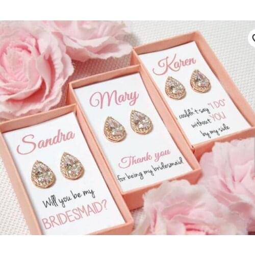 Personalized wedding Bridesmaid rose gold earrings, customize bridesmaid teardrop studs maid of honor Proposal best friend gifts