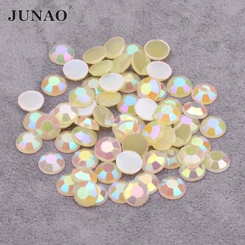 JUNAO 6 7 8 mm Yellow AB Glitter Round Rhinestones Flatback Acrylic Crystal Non Hotfix Strass Diamond Decorative Apparel Garment