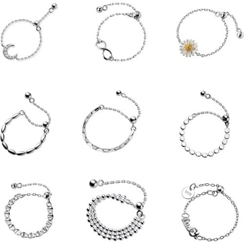 PONYKISS Trendy S925 Sterling Silver Chain Pearl Flower Adjustable Ring for Women Party Fine Jewelry Wholesale Accessory