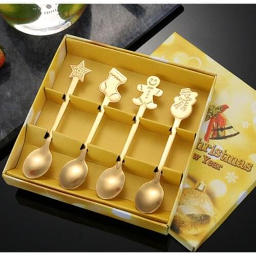 Kitchen Stainless Steel Spoon Dessert Stirring Coffee Tableware Christmas Spoon Four-piece Set Kitchen Gadget Set