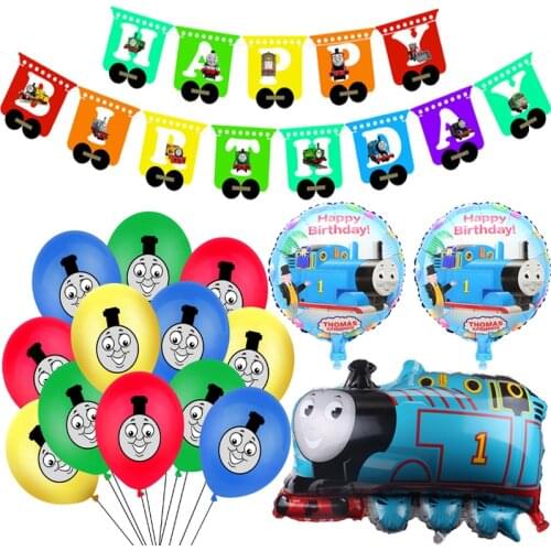 1set Thomased Party Supplies Cartoon Cars Blue Train Game Latex Balloon Happy Birthday Banner Party Decoration Baby Boys Toy