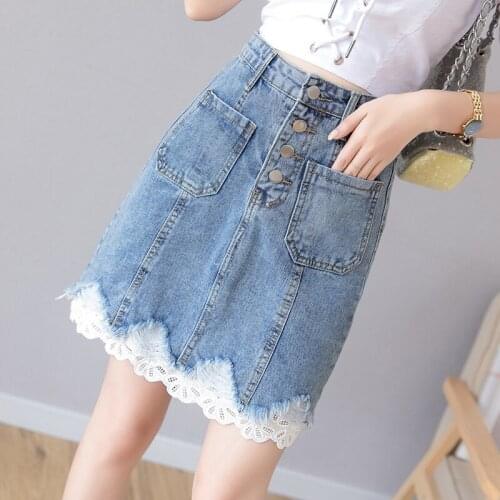 Summer High Waist Chic Denim Skirts Womens Sweet Lace Patchwork A-Line Jean Skirt Streetwear Button Pocket Wrap Short Skirt XL