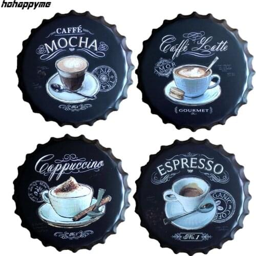 Espresso Caffe Latte Beer Bottle Cap Metal Coffee Wall Plaques Retro Art Poster Metal Vintage Tin Signs Painting Home Decor 40CM