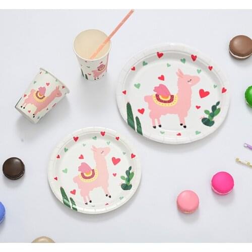 Cartoon Alpaca Cute Disposable Tableware Pink Blue White Plate Paper Cup Decoration Wedding Birthday Baby Bathing Adult Products
