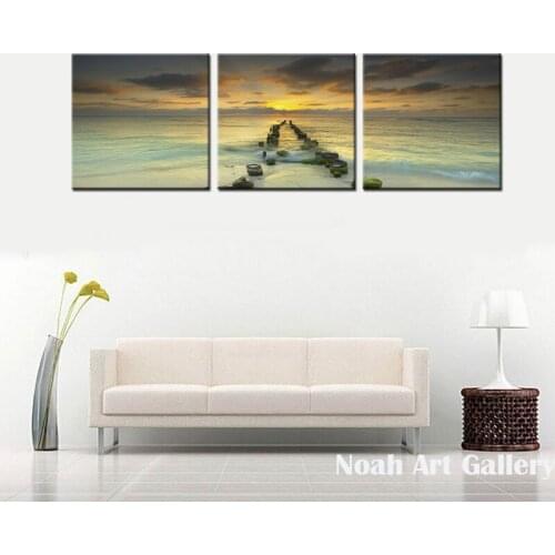 Noah Art New Modular 3 Panel Stones Sea White Wave Sunrise Landscape Canvas Prints Painting for Living Room Decoration No Framed