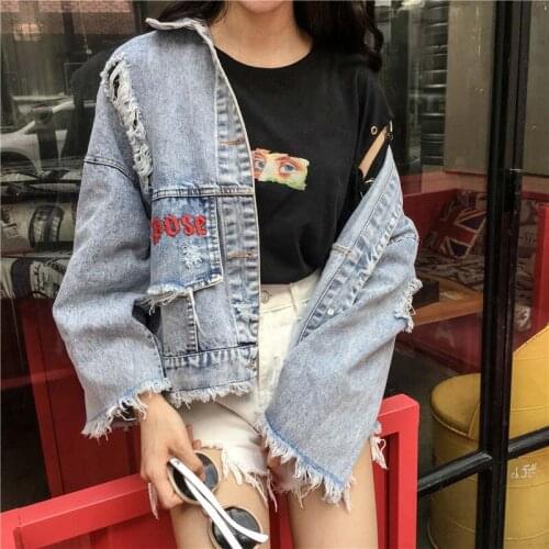 New Letter embroidery Loose Denim Jacket Women Streetwear Harajuku Coat Casual Plus Size Jean Jacket Oversize Hole Basic Jacket