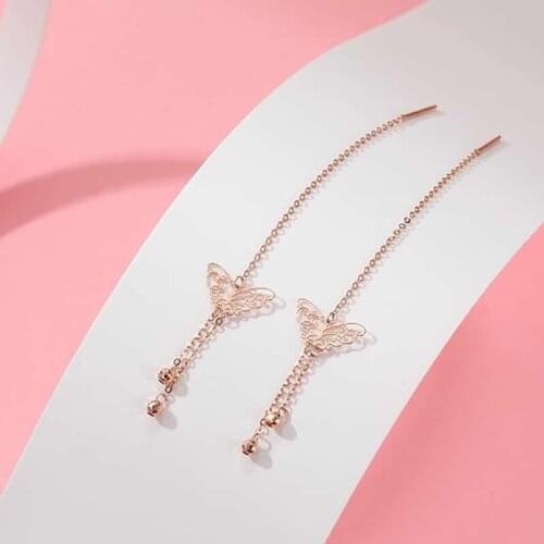 New Pure 18K Rose Gold Earrings Women AU750 Gold butterfly Long Dangle Earrings